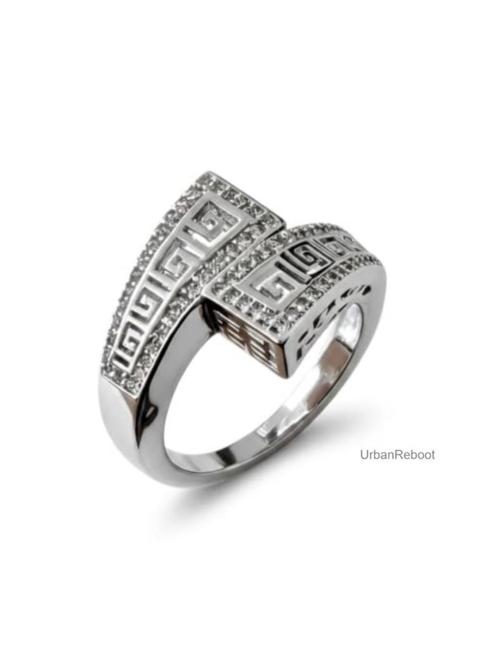 Extra Wide Greek Key Ring, 14K White Gold Plated, Cubic Zirconia, Size 7